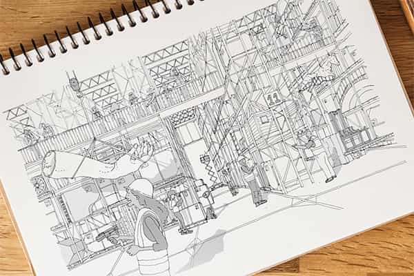 illustration of a theater in a notebook on a table